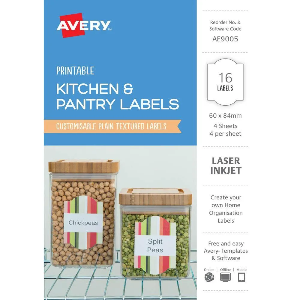 Avery Ae9005 Printable Kitchen And Pantry Labels 60 X 84Mm Textured White Pack 16