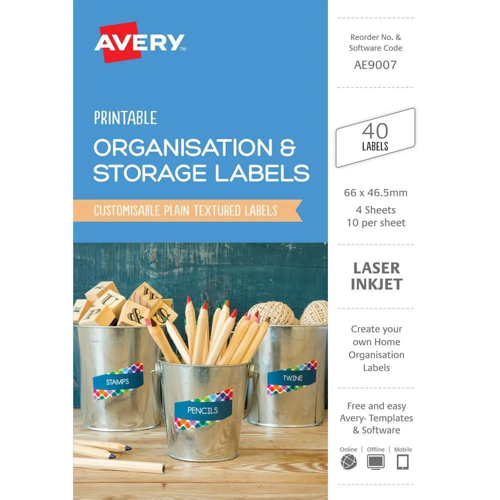 Avery Ae9007 Printable Organisation And Storage Labels 66 X 46.5Mm Textured White Pack 40