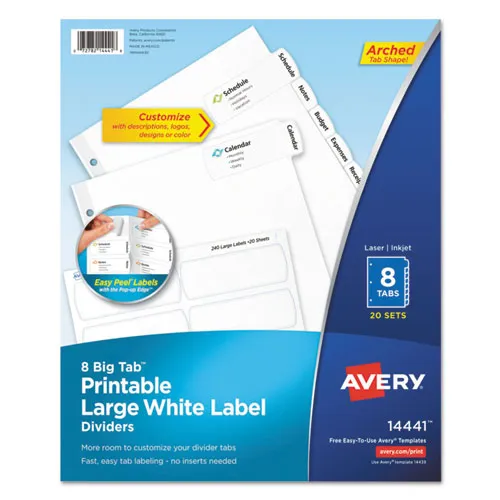 Big Tab Printable Large White Label Tab Dividers, 8-tab, 11 X 8.5, White, 20 Sets