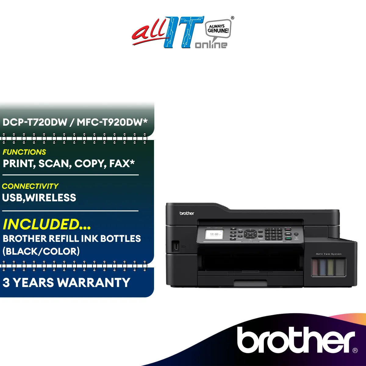 Brother DCP-T720DW / Brother MFC-T920DW All-in-One Wireless Inkjet Printer with Double Sided Print Replace T710W T910DW
