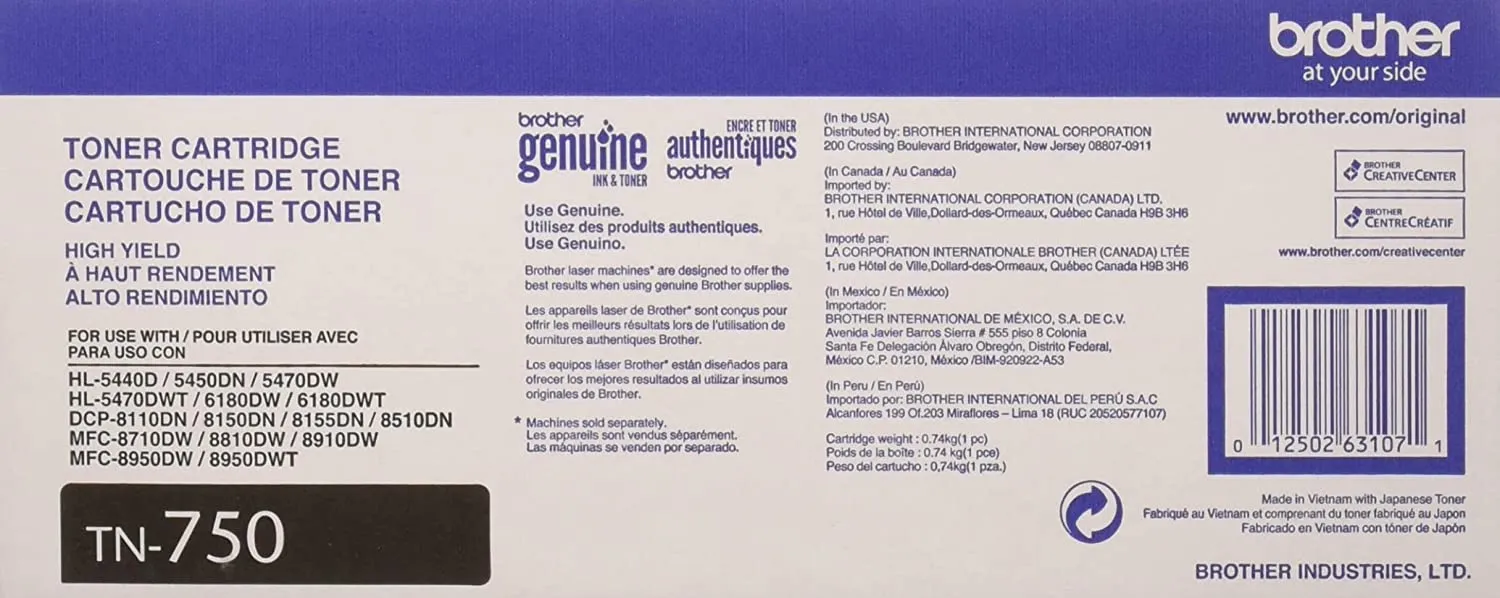 Brother Genuine High-Yield Black Toner Cartridge, 8000 Pages - TN750