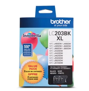 Brother Genuine LC203BK High-Yield Black Ink Cartridges (Twin Pack), 550 Pages - LC2032PKS