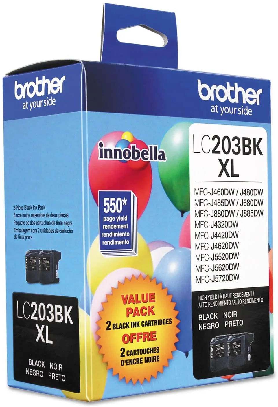 Brother Genuine LC203BK High-Yield Black Ink Cartridges (Twin Pack), 550 Pages - LC2032PKS