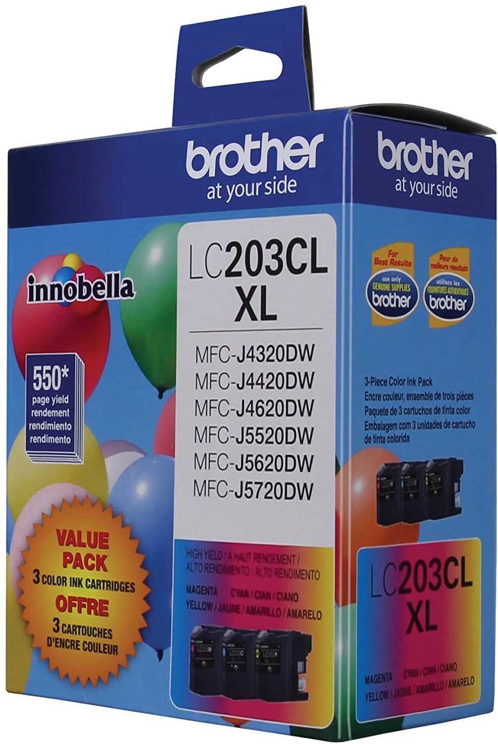 Brother Genuine LC203CL High-Yield 3-pack Color Ink Cartridges, C/M/Y, 550 Pages - LC2033PKS