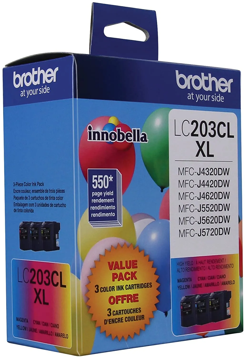 Brother Genuine LC203CL High-Yield 3-pack Color Ink Cartridges, C/M/Y, 550 Pages - LC2033PKS