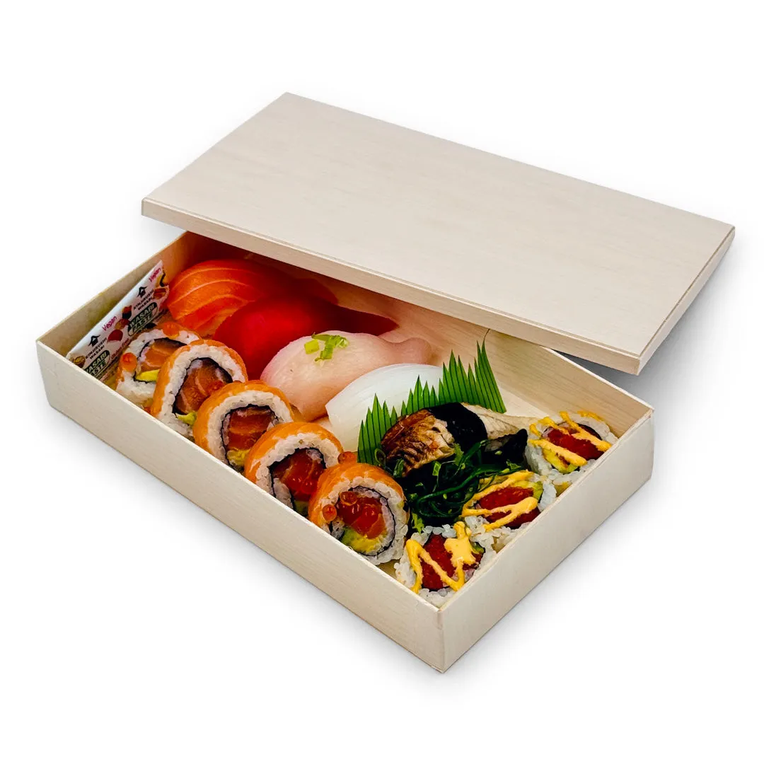 Coco Wooden Rectangular Takeout Bento Box Large Wide 9" x 5.5" (25/pack) - W/ Lid