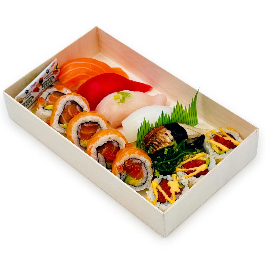 Coco Wooden Rectangular Takeout Bento Box Large Wide 9" x 5.5" (25/pack) - W/ Lid