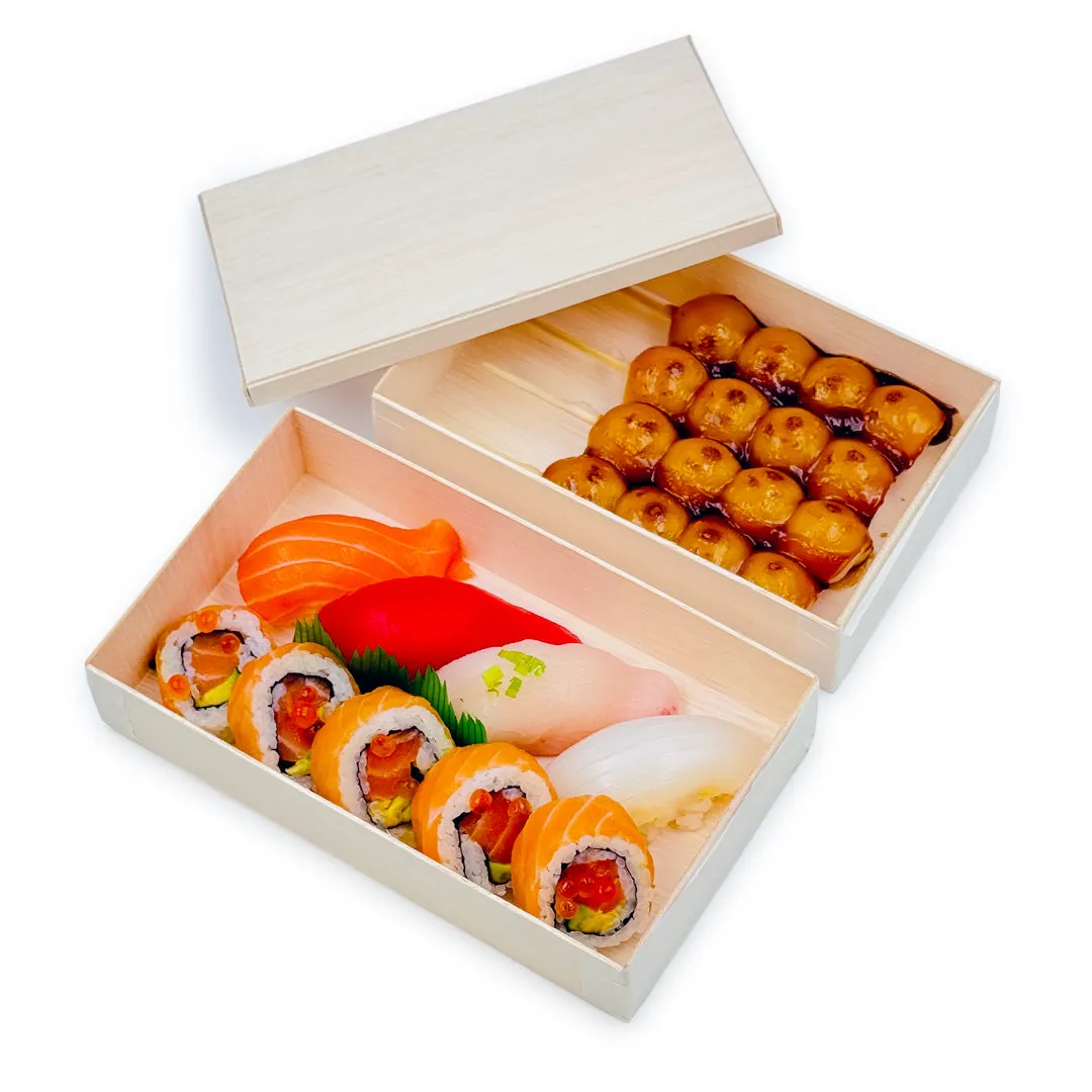 Coco Wooden Rectangular Takeout Bento Box Medium 7.5" x 4.5" (25/pack) - W/ Lid