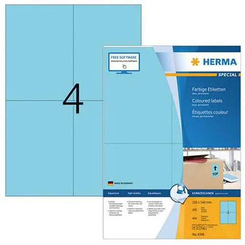 Coloured Labels A4, 105 x 148 mm, Blue, Permanent Adhesion (4398)