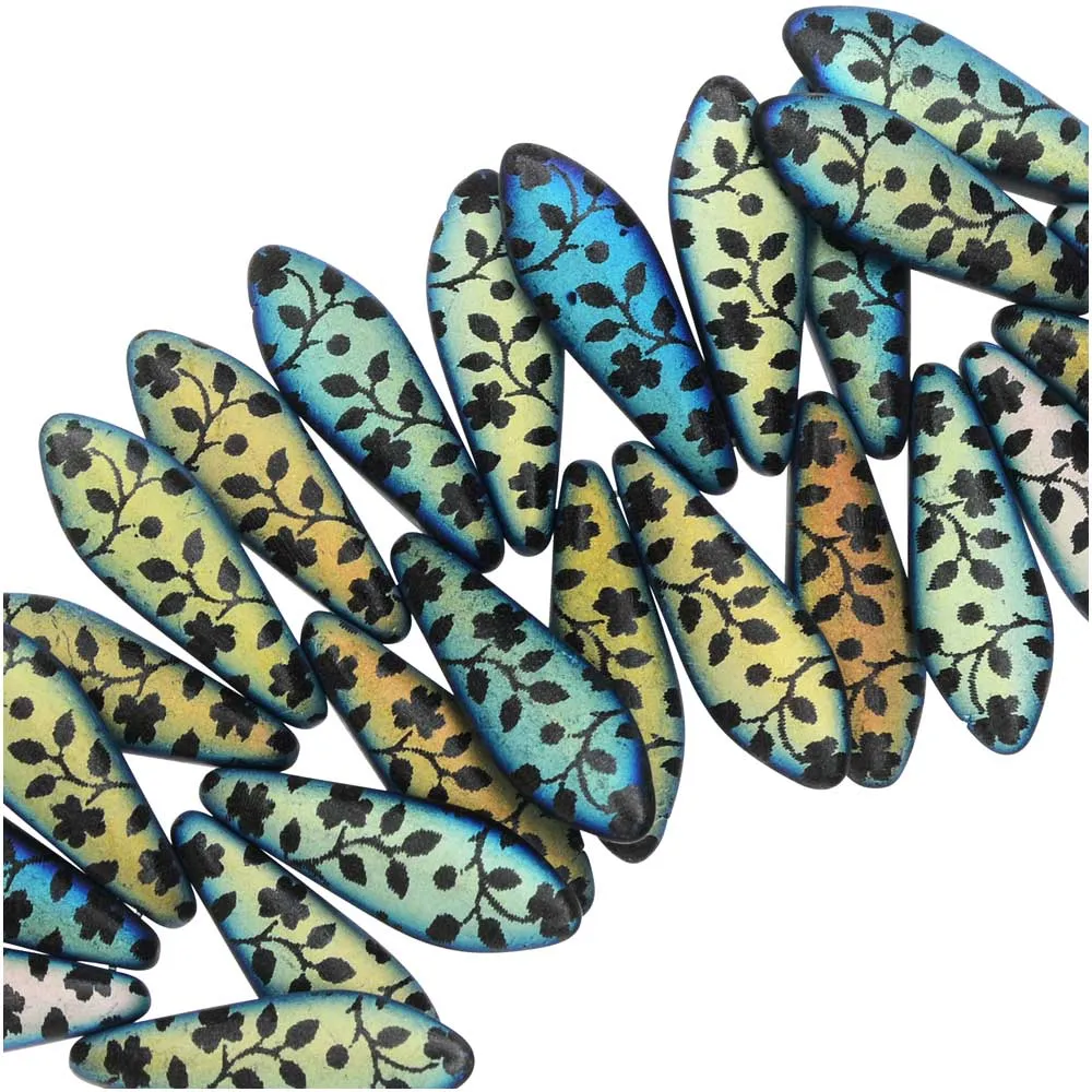 Czech Glass, Dagger Beads with Laser Etched Flower Design  5x16mm, Jet Matte (25 Pieces)
