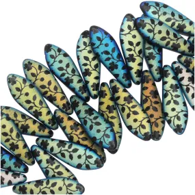 Czech Glass, Dagger Beads with Laser Etched Flower Design  5x16mm, Jet Matte (25 Pieces)