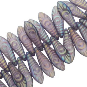 Czech Glass, Dagger Beads with Laser Etched Peacock Eye Design 16x5mm, Tanzanite Matte (25 Pieces)