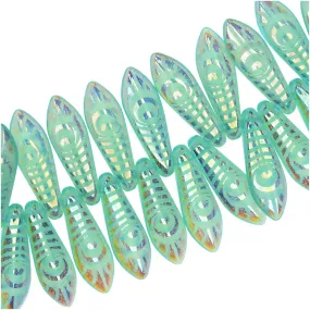 Czech Glass, Dagger Beads with Laser Etched Peacock Eye Design  5x16mm, Turquoise Opal (25 Pieces)
