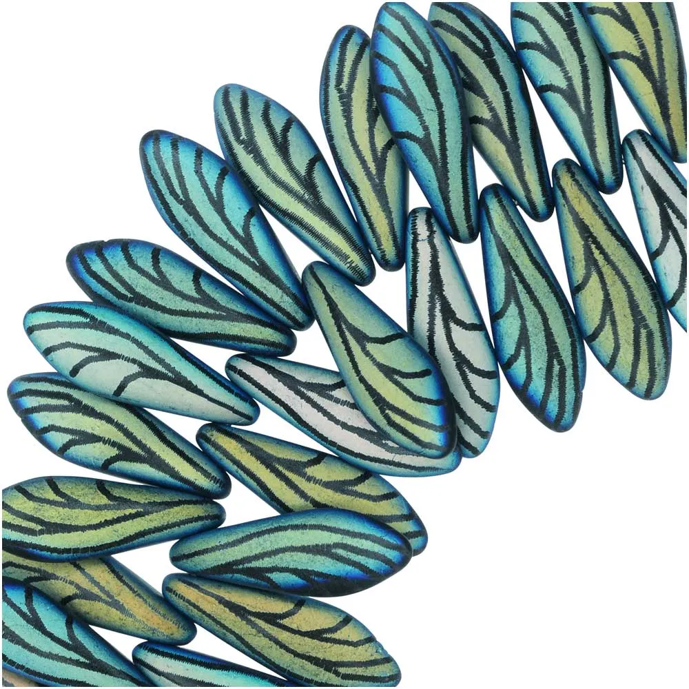 Czech Glass, Dagger Beads with Laser Etched Wing Design  5x16mm, Jet Matte (25 Pieces)