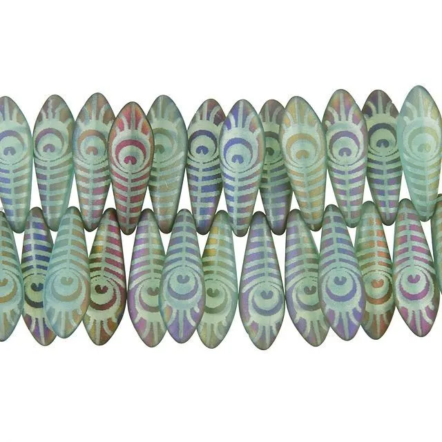 Czech Glass Matte Blue Opaline with Rainbow Finish Laser-Etched Dagger Peacock Feather Design Bead Strand by Raven's Journey