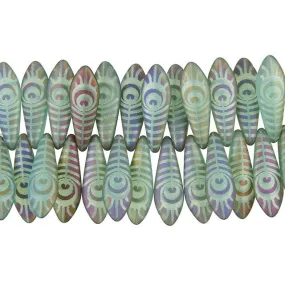 Czech Glass Matte Blue Opaline with Rainbow Finish Laser-Etched Dagger Peacock Feather Design Bead Strand by Raven's Journey
