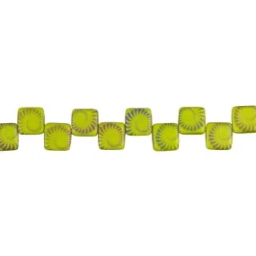Czech Glass Matte Gaspeite Green with Rainbow Finish Laser-Etched 2-Hole Spiral Design Square Bead Strand by Raven's Journey