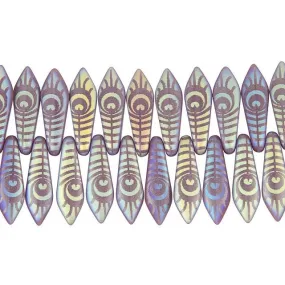 Czech Glass Matte Lavender with Rainbow Finish Laser-Etched Dagger Peacock Feather Design Bead Strand by Raven's Journey