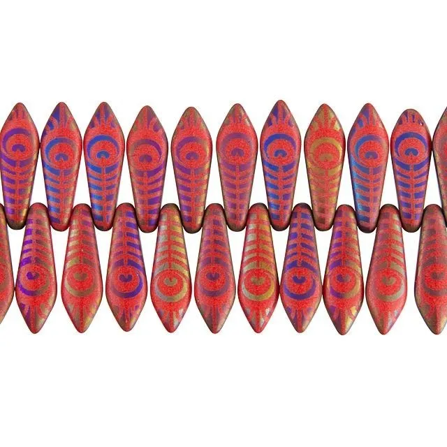 Czech Glass Matte Red AB Laser-Etched Dagger Peacock Feather Design Bead Strand by Raven's Journey