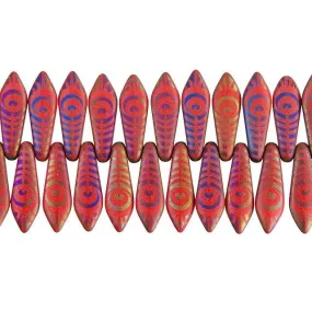 Czech Glass Matte Red AB Laser-Etched Dagger Peacock Feather Design Bead Strand by Raven's Journey