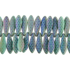 Czech Glass Matte Turquoise with Rainbow Finish Laser-Etched Dagger Dragon Scale Design Bead Strand by Raven's Journey