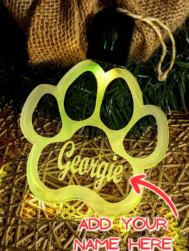 Dog Paw Print Personalised Christmas Bauble 3D LED Light Decoration