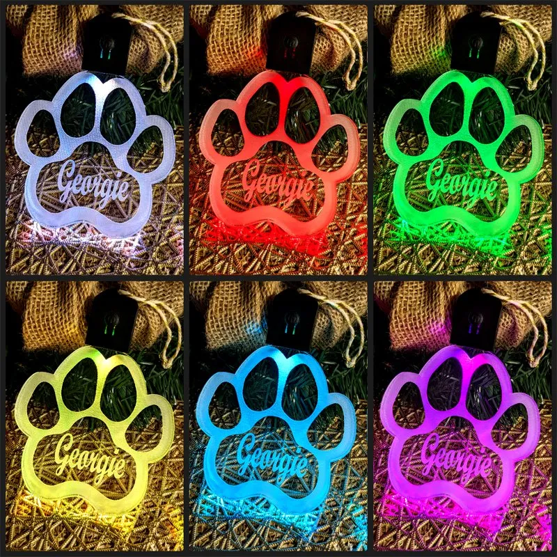 Dog Paw Print Personalised Christmas Bauble 3D LED Light Decoration