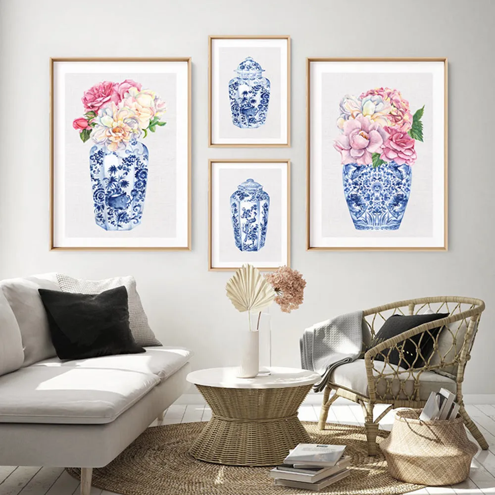 Floral Ginger Jar on Linen I - Art Print