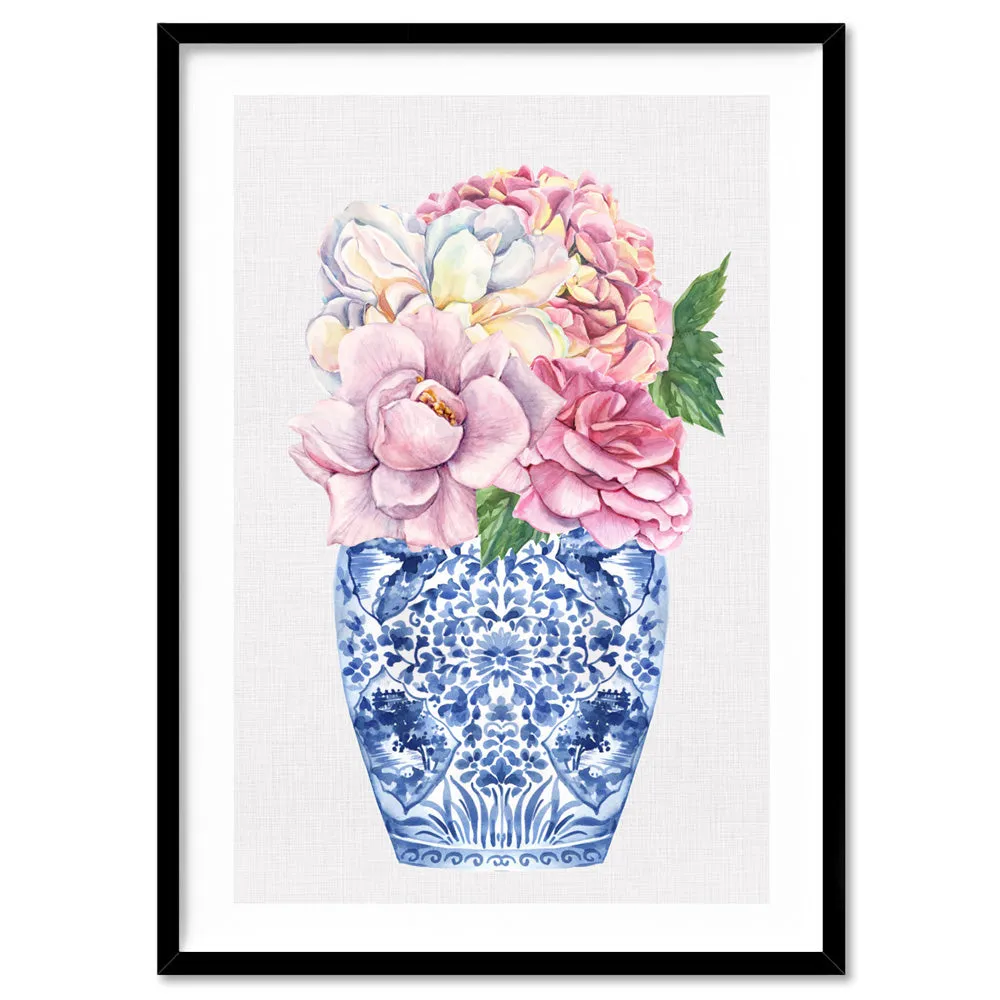 Floral Ginger Jar on Linen I - Art Print