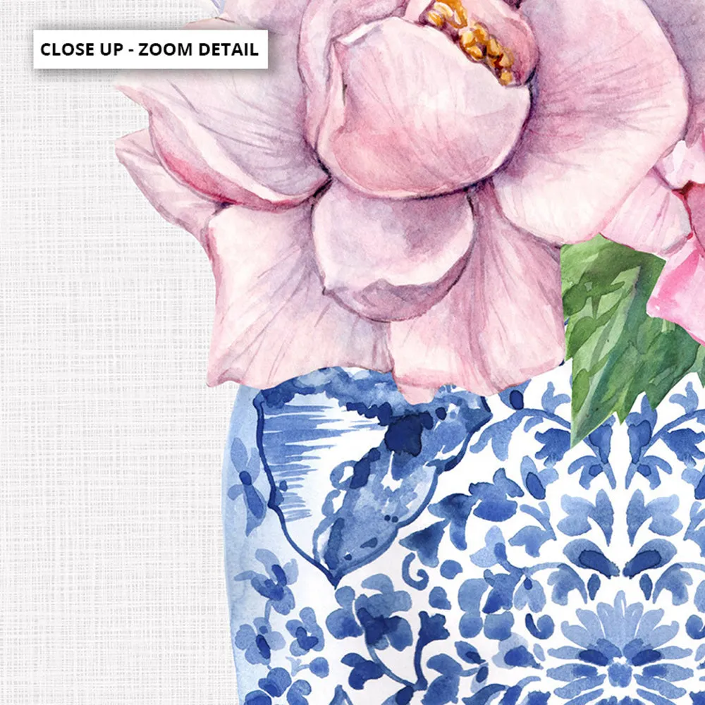 Floral Ginger Jar on Linen I - Art Print