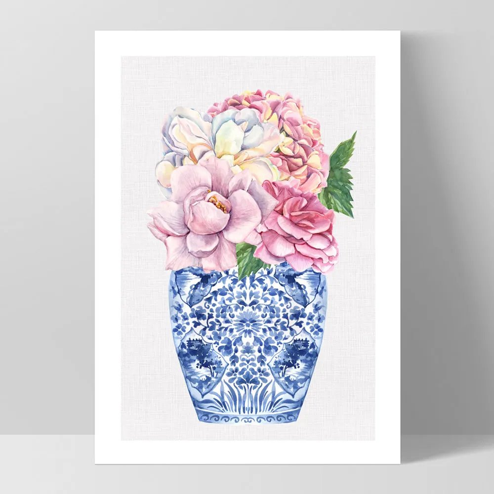 Floral Ginger Jar on Linen I - Art Print