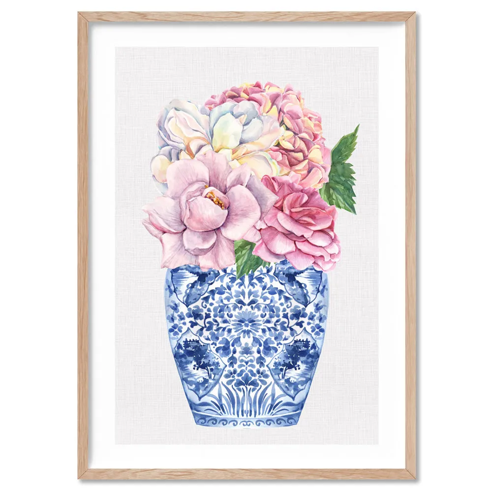 Floral Ginger Jar on Linen I - Art Print