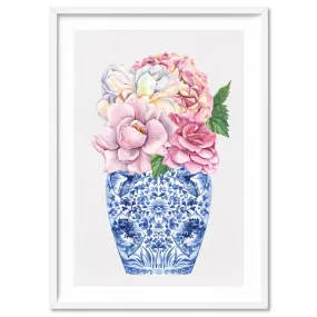 Floral Ginger Jar on Linen I - Art Print