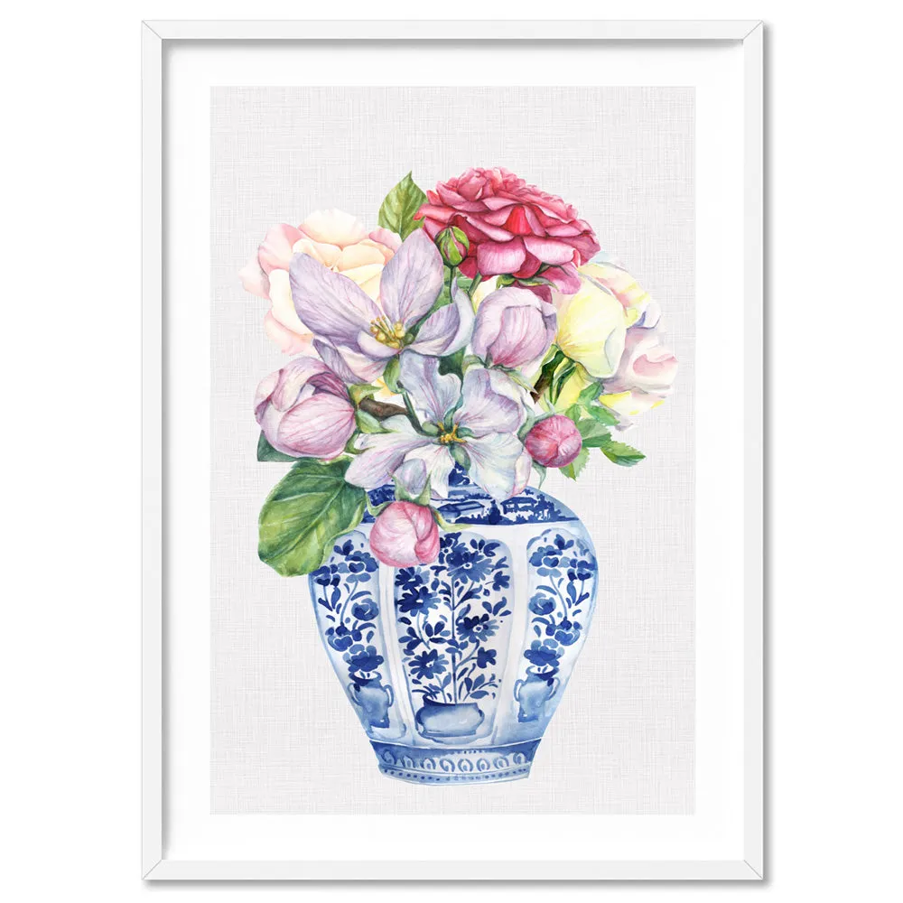Floral Ginger Jar on Linen III - Art Print