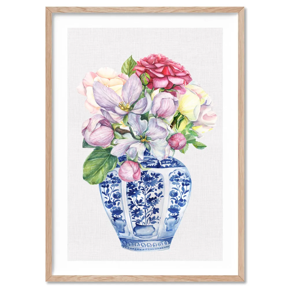 Floral Ginger Jar on Linen III - Art Print