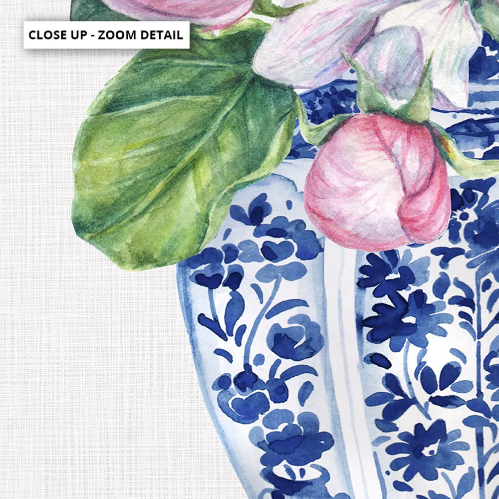 Floral Ginger Jar on Linen III - Art Print