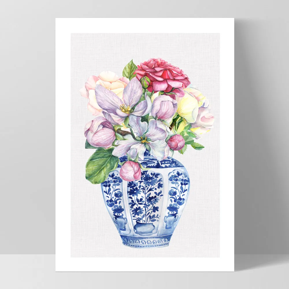 Floral Ginger Jar on Linen III - Art Print