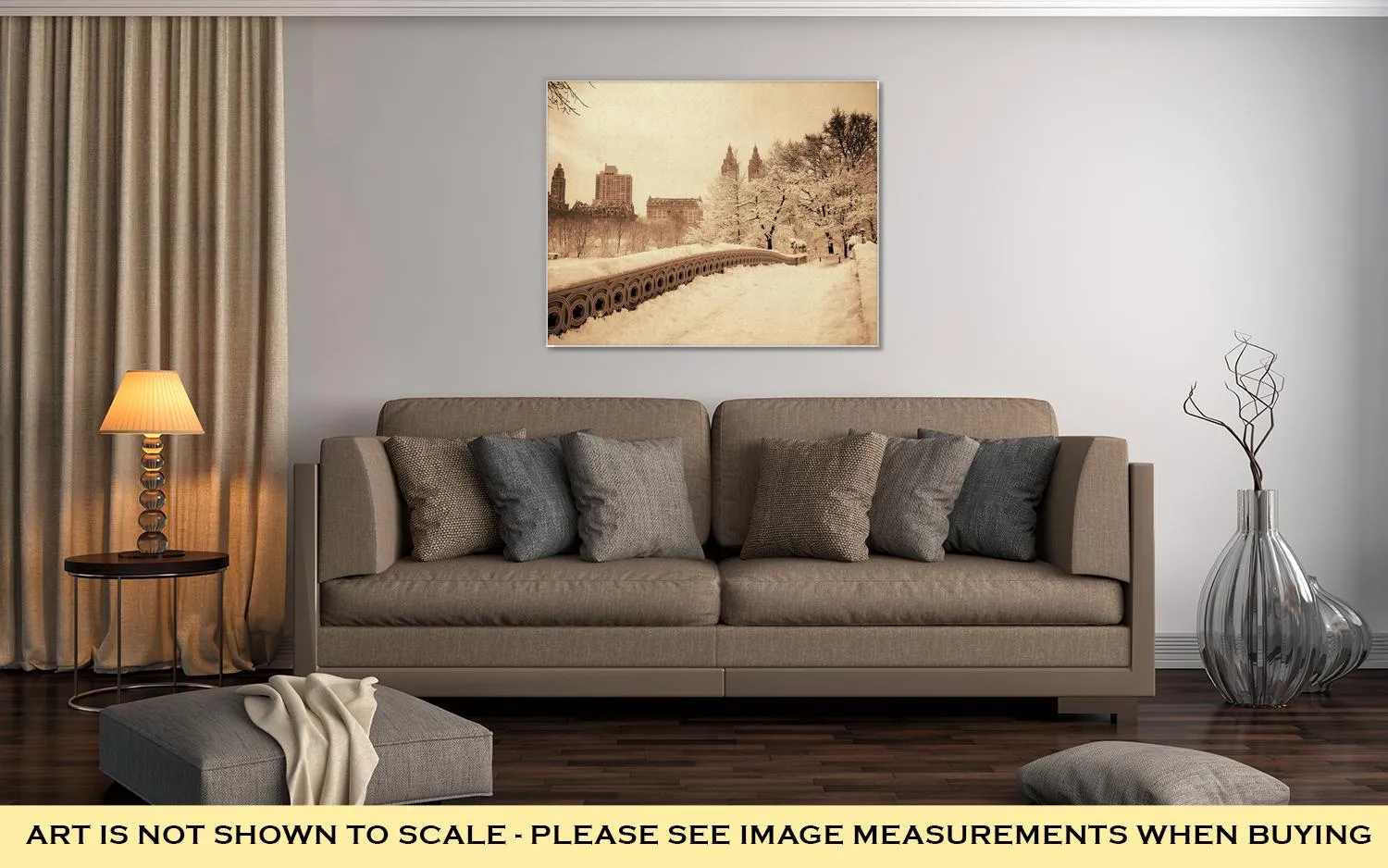 Gallery Wrapped Canvas, Central Park Winter With Skyscrapers And Bow Bridge In Midtown Manhattan New
