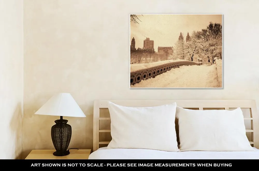 Gallery Wrapped Canvas, Central Park Winter With Skyscrapers And Bow Bridge In Midtown Manhattan New
