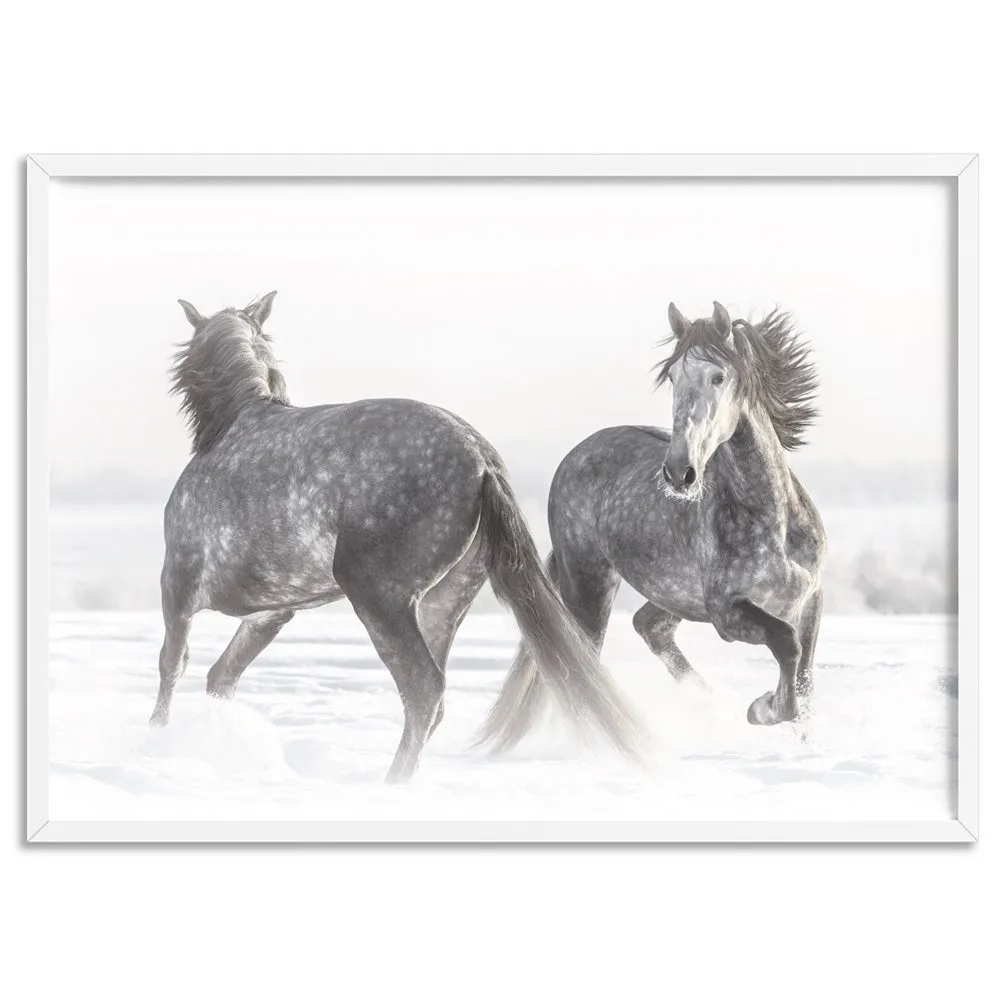 Grey Horses Dancing Duo B&W - Art Print