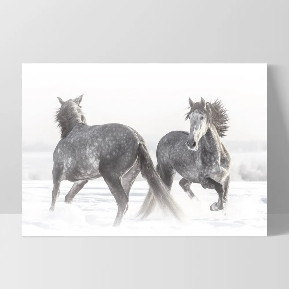 Grey Horses Dancing Duo B&W - Art Print