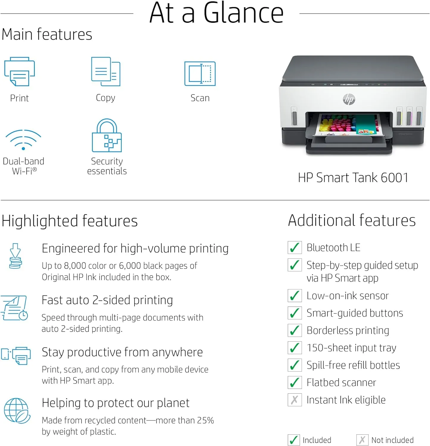 HP Smart Tank 6001 Wireless Cartridge-Free, All-In-One Ink Printer, with up to 2 years of ink
