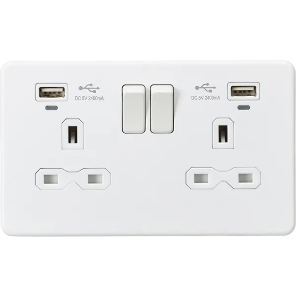 Knightsbridge Screwless 13A 2 Gang Switched Socket Dual USB With Indicators Matt White