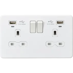Knightsbridge Screwless 13A 2 Gang Switched Socket Dual USB With Indicators Matt White