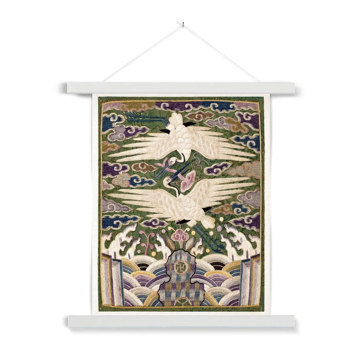 Korean Double Cranes, Silk Swans, Traditional Hyungbae Textile Design, Bird Lover Fine Art Print w Thangka Hanger