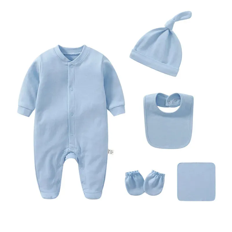 Newborn Cotton Long Sleeved Rompers Hat Bib Suit