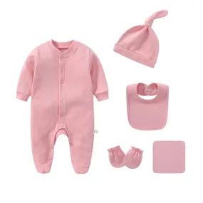 Newborn Cotton Long Sleeved Rompers Hat Bib Suit