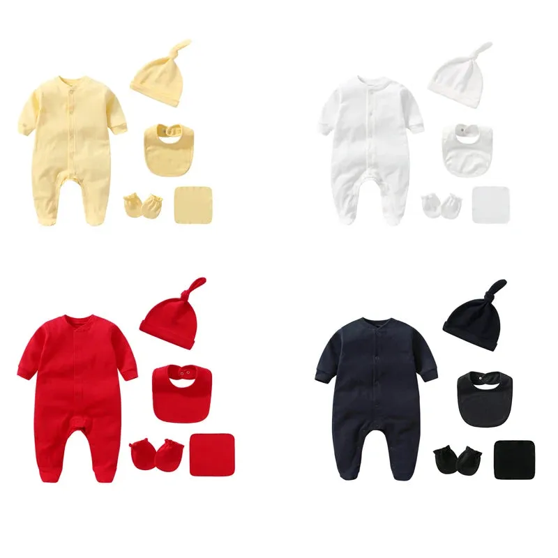 Newborn Cotton Long Sleeved Rompers Hat Bib Suit