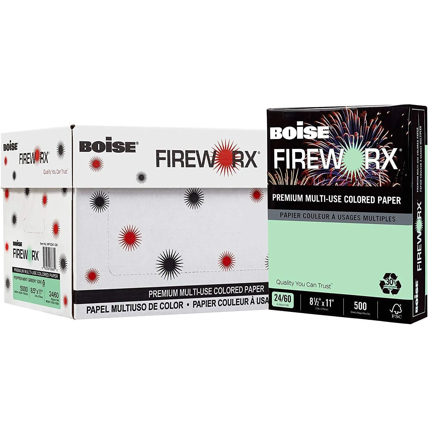 (Open Ream) Boise FIREWORX Multipurpose Paper, 24 lbs, 8.5" x 11", Popper-Mint Green (Case or Ream)