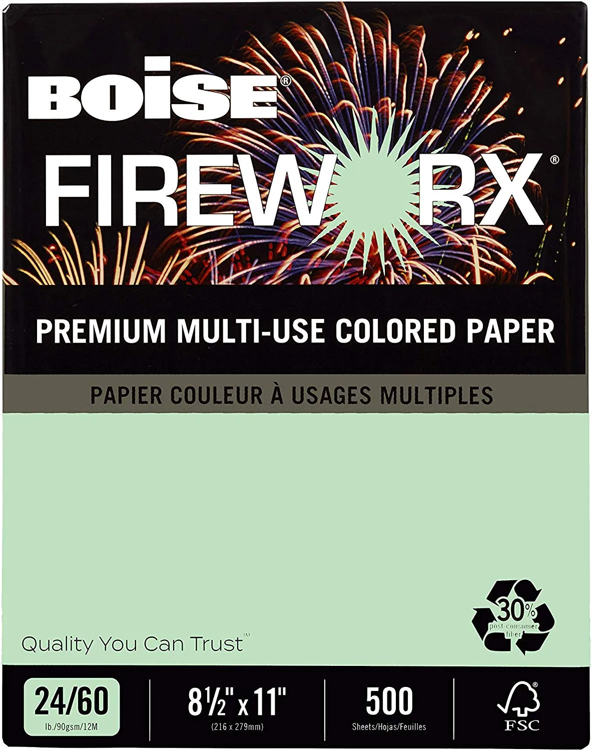(Open Ream) Boise FIREWORX Multipurpose Paper, 24 lbs, 8.5" x 11", Popper-Mint Green (Case or Ream)